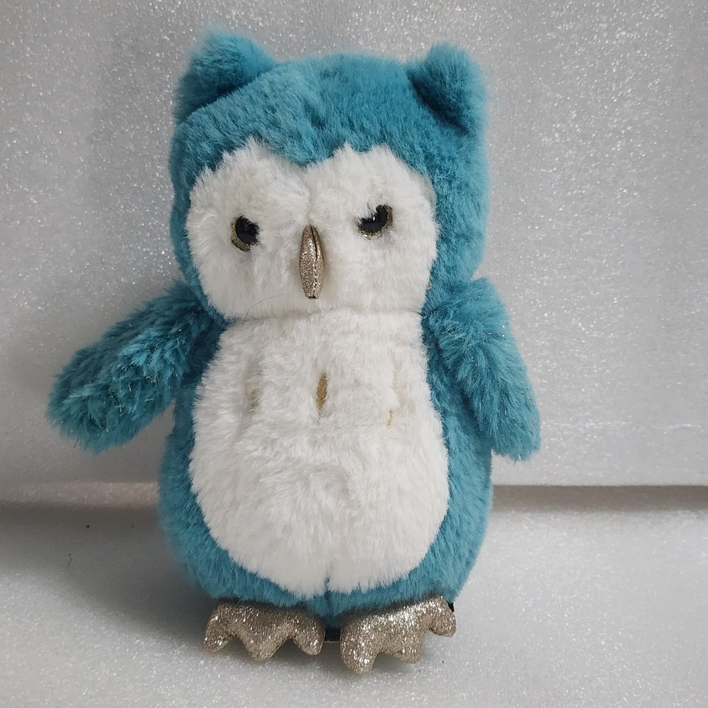 FAO Schwarz Turquoise & White OWL Bird Glitter Shiny Feet Plush 7" 2022